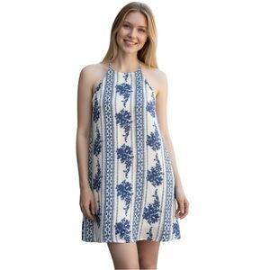 Mama Chica Floral Striped Blue and White Halter Shift Dress Mini Summer …